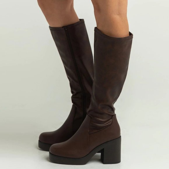 NEW🔥 Brown Stretch Knee High Boots Chunky Block Heel Platform w/Zipper - Picture 3 of 4